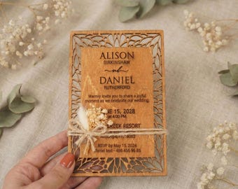 Laser Engraved Birch Wood Wedding Invitation Set: Gypsophila & Jute