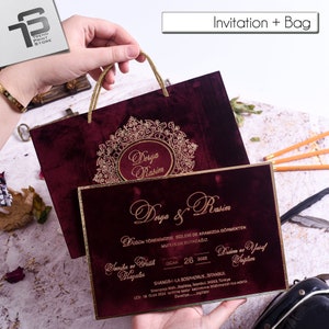 Elegant Burgundy Velvet Wedding Invitation Set Gold Foil, Hardcover Wedding Card and Bag, RSVP Cards