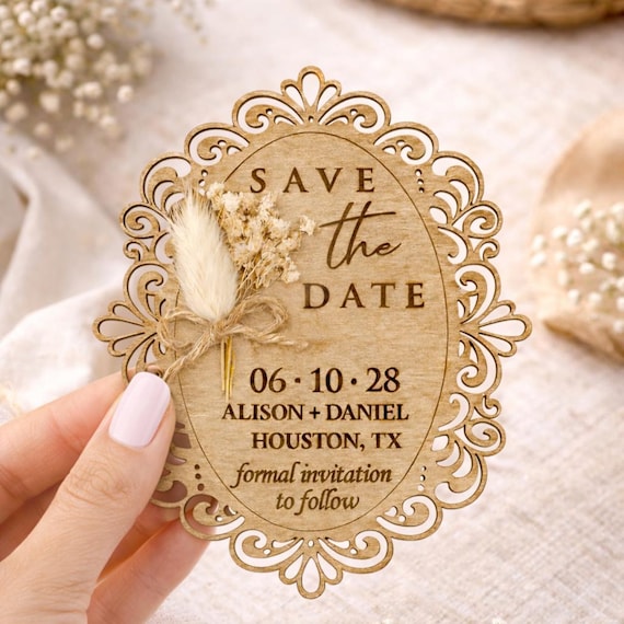 Rustic Save The Date Magnet: Dried Gypsophila Flowers, Multicolor, Kraft Envelopes with Custom Label