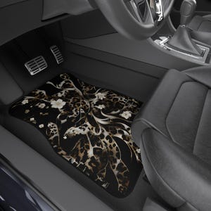 Black Leopard Floral Car Floor Mats Vehicle (2x Front) Luxe Leopard Black Floral Cheetah Teen Female Womens Black White Neutral Edgy image 1