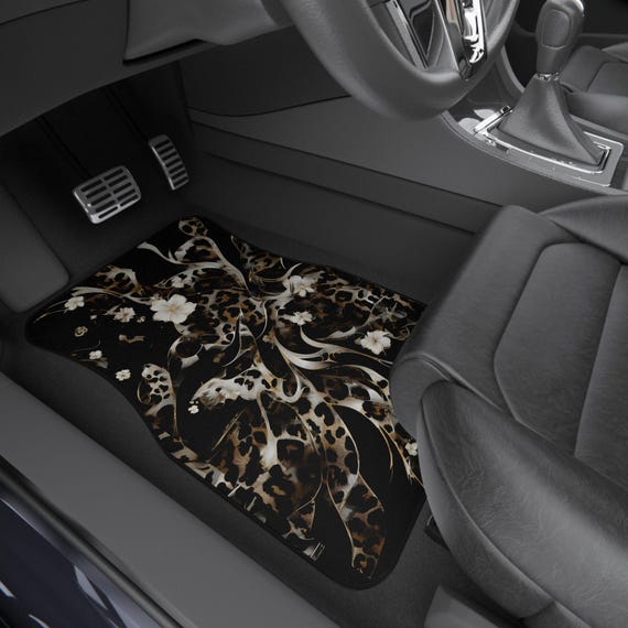 Black Leopard Floral Car Floor Mats Vehicle (2x Front) Luxe Leopard Black Floral Cheetah Teen Female Womens Black White Neutral Edgy