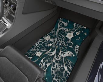 Leopard Floral Cheetah Lux Car Mats (2x Front) Turquoise Gray Floral Teen Female Womens Black White Neutral Edgy