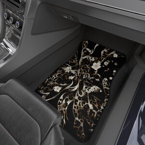 Black Leopard Floral Car Floor Mats Vehicle (2x Front) Luxe Leopard Black Floral Cheetah Teen Female Womens Black White Neutral Edgy image 2