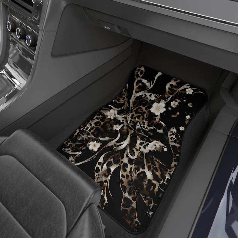 Black Leopard Floral Car Floor Mats Vehicle (2x Front) Luxe Leopard Black Floral Cheetah Teen Female Womens Black White Neutral Edgy image 2