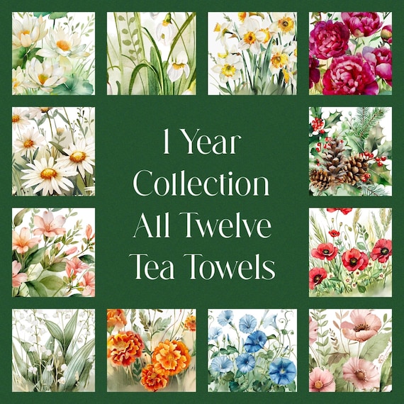 Gift for Mom Grandma Tea Towel 12 Set A Year Of Flowers 100% Ring Spun Cotton Mothers Day Grandma Gift Floral Home Decor Kitchen Towel