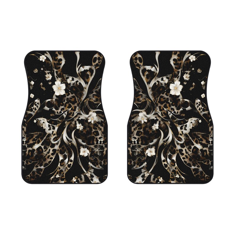Black Leopard Floral Car Floor Mats Vehicle (2x Front) Luxe Leopard Black Floral Cheetah Teen Female Womens Black White Neutral Edgy image 4