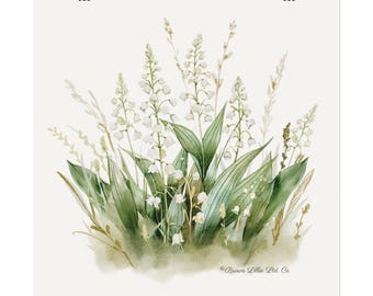 Floral Watercolor Wall Art Lily of the Valley May Birth Flower Textured Green White Painting Home Decor Wall Garden Art Spring Summer Office