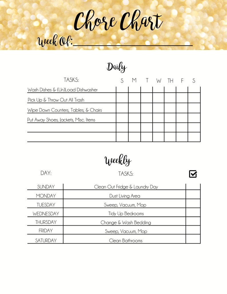 Printable Cleaning Checklist, Chore Chart, Daily, Weekly, Monthly