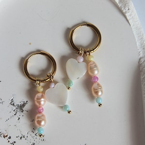 Heart earrings hoop earrings gold, hoop earrings with pearl pendant, boho earrings pastel romantic, Ibiza earrings pastel long, earrings freshwater pearls