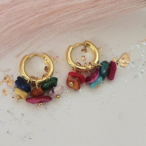 Shell earrings hoops colorful gold, boho earrings Ibiza style, hoop earrings stainless steel dainty colorful, summery pearl earrings, hippie earrings