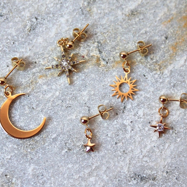 Gold earrings sun, moon and stars / gold-plated earrings in boho style / combinable, stackable earrings in gold / gold hanging earrings