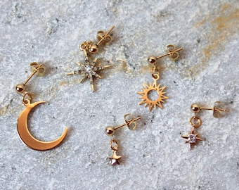 Gold earrings sun, moon and stars / gold-plated earrings in boho style / combinable, stackable earrings in gold / gold hanging earrings