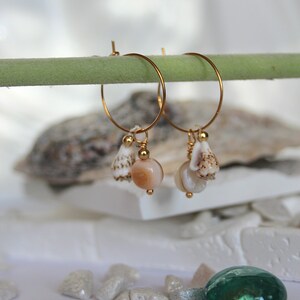 May include: Gold hoop earrings with seashell and peach-colored bead charms. The earrings are displayed against a backdrop of white and gray stones, with a green glass bead. The jewelry is suspended on a green rod.