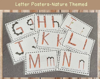 Afiches del alfabeto de la naturaleza: decoración para el aula basada en la naturaleza para imprimir: oraciones fonémicas para cada letra con palabras inspiradas en la naturaleza