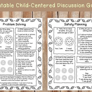 May include: A black and white printable guide for children, divided into two sections: Problem Solving and Safety Planning. Each section has five steps with illustrations of smiling and frowning suns. The guide includes prompts for children to reflect on their feelings and actions.