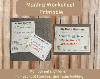 Hoja de trabajo de mantras simples: mantras diarios para padres e hijos: crianza positiva