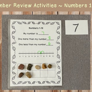 May include: A printable worksheet for kids to practice number recognition and counting. The worksheet features a number line, a number chart, and a section for writing the number 7, one more than 7, and one less than 7. The worksheet is designed for children learning numbers 1-10.