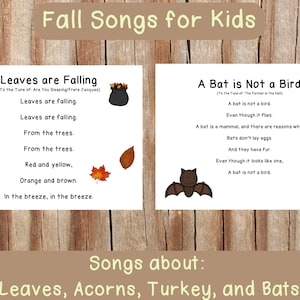 Puede incluir: Dos páginas imprimibles con canciones de otoño para niños. La primera página presenta una canción sobre las hojas que caen de los árboles, con ilustraciones de hojas y un cubo. La segunda página presenta una canción sobre los murciélagos que no son pájaros, con una ilustración de un murciélago.