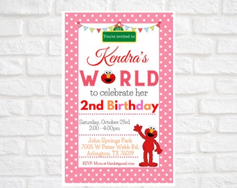 May include: A pink polka-dotted birthday invitation with the text "Kendra's WORLD" and "2nd Birthday." The invitation includes the date, time, and location of the party, along with a cartoon character. The invitation is for a child's birthday party.