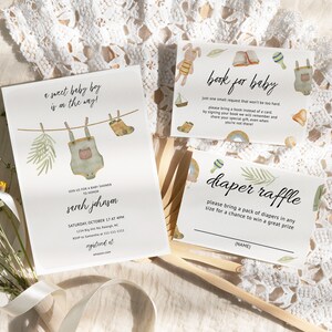 Modèle de jeu d'invitations baby shower garçon, baby shower garçon, shower de garçon vert, carte tombola de couches, carte livre pour bébé, ensemble baby shower garçon