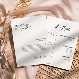 Nota y cronograma para la bolsa de bienvenida de la boda, bienvenida personalizable, carta de bienvenida hecha a mano, plantilla para la bolsa de bienvenida, plantilla para el itinerario de la boda imprimible