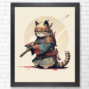Japanese Samurai Cat, Japanese Art Print, Wall Art, Japanese art, Japanese wall art, Japanese Poster, Digital Download