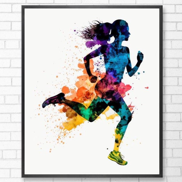 Running Girl Art Print Watercolor, PNG FIle , Female Runner Poster, Girl Runner Wall Art, Running People, Runner Watercolor Digital Download