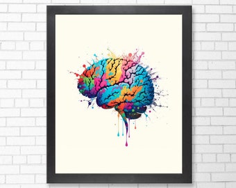 Arte de la pared del cerebro de la acuarela, regalo del estudiante de medicina, arte de la neurociencia, anatomía del cerebro, regalo del neurólogo, arte de la neurología, arte de la pared imprimible