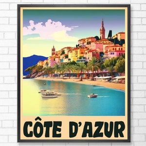 Cote D'Azur Travel Poster / Poster Vintage / French Riviera Travel Poster / Descarga digital / Cote D'Azur Print