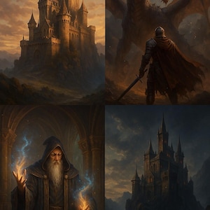 4 Epic Fantasy Wall Art Prints - Castle, Knight, Wizard & Dragon (Digital Download)