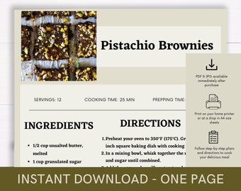 Libro de cocina de recetas de brownies de pistacho, receta digital, plantilla de receta, receta imprimible, plato de fiesta de guía de cocina de recetas, receta de descarga instantánea