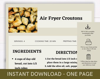 Air Fryer Croutons Recipe, Delicious Dish Recipe, Easy Recipe Template, Printable Food Recipe, Downloadable Recipe, Print Out Cookbook