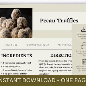Printable Recipe for Pecan Truffles, Delicious Food Recipe, Recipe Template, Ready to Print Recipe, Caterer Cooking Guide, Download Recipe