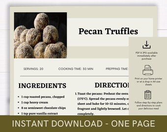 Printable Recipe for Pecan Truffles, Delicious Food Recipe, Recipe Template, Ready to Print Recipe, Caterer Cooking Guide, Download Recipe