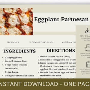 Eggplant Parmesan Cookbook Recipe, Digital Recipe, Recipe Template, Printable Recipe, Download Cooking Procedure, Recipe Cook Guide Recipe