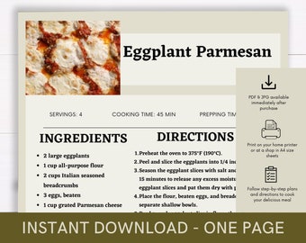 Eggplant Parmesan Cookbook Recipe, Digital Recipe, Recipe Template, Printable Recipe, Download Cooking Procedure, Recipe Cook Guide Recipe