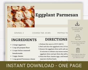 Eggplant Parmesan Cookbook Recipe, Digital Recipe, Recipe Template, Printable Recipe, Download Cooking Procedure, Recipe Cook Guide Recipe
