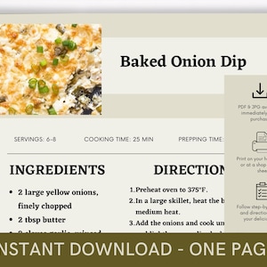 Baked Onion Dip Recipe, Delicious Dish Recipe, Easy Recipe Template, Printable Food Recipe, Downloadable Recipe, Print Out Cookbook
