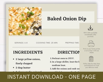 Baked Onion Dip Recipe, Delicious Dish Recipe, Easy Recipe Template, Printable Food Recipe, Downloadable Recipe, Print Out Cookbook