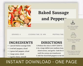 Baked Sausage  and Peppers Cookbook Recipe, Digital Recipe, Recipe Template, Printable Recipe, Download Cooking Procedure, Food Recipe