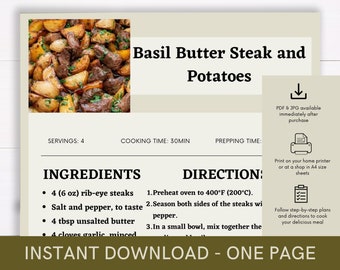 Basil Butter Steak and Potatoes Cookbook Recipe, Digital Recipe, Recipe Template, Printable Recipe, Download Cook Procedure, Food Recipe