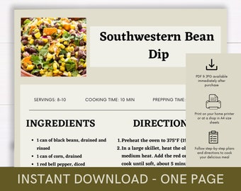 Southwestern Bean Dip Recipe Cookbook, Digital Recipe, Recipe Template, Printable Recipe, Recipe Cook Guide Party Recipe, Download Recipe