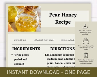Printable Recipe for Pear Honey Recipe, Delicious Food Recipe, Recipe Template, Ready to Print Recipe, Caterer Cook Guide, Download