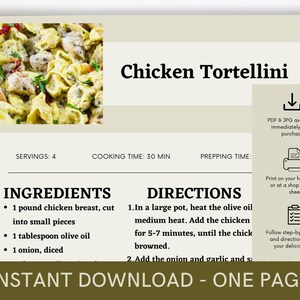 Chicken Tortellini Recipe, Digital Recipe, Recipe Template, Printable Recipe, Download Cook Procedure, Recipe Cook Guide Party Dish