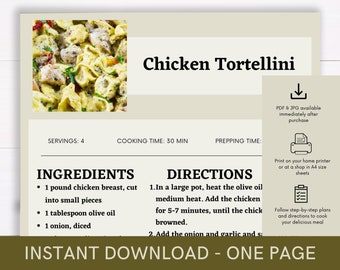Chicken Tortellini Recipe, Digital Recipe, Recipe Template, Printable Recipe, Download Cook Procedure, Recipe Cook Guide Party Dish