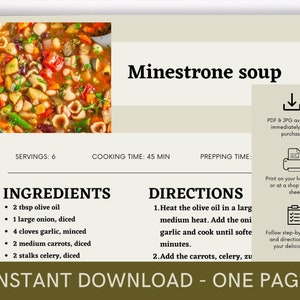 Minestrone Soup Recipe, Digital Recipe, Recipe Template, Printable Recipe, Download Cooking Procedure, Recipe Cook Guide Recipe, Party Dish