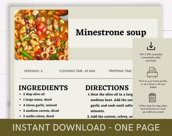 Minestrone Soup Recipe, Digital Recipe, Recipe Template, Printable Recipe, Download Cooking Procedure, Recipe Cook Guide Recipe, Party Dish