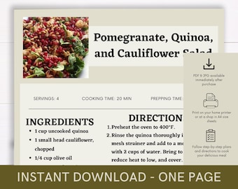 Pomegranate, Quinoa, and Cauliflower Salad Recipe Cookbook, Digital Recipe, Recipe Template, Printable Recipe, Recipe Cook Guide Party Dish