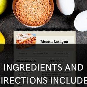 May include: A recipe card for Ricotta Lasagna with a list of ingredients and directions. The card is on a dark surface with lemons, eggs, and lentils.