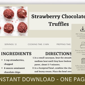 Strawberry Chocolate Truffles Recipe Cookbook, Digital Recipe, Recipe Template, Printable Recipe, Recipe Cook Guide Party, Download Recipe
